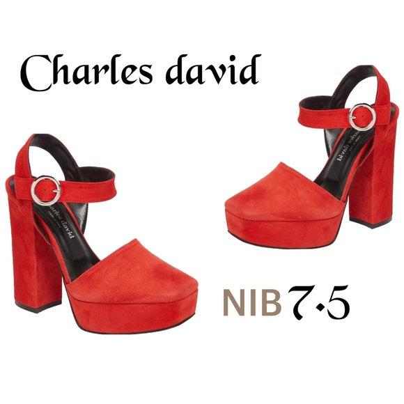 NWT Charles David red suede leather square toe buckle chunky heel platform 7/7.5 - Picture 3 of 11